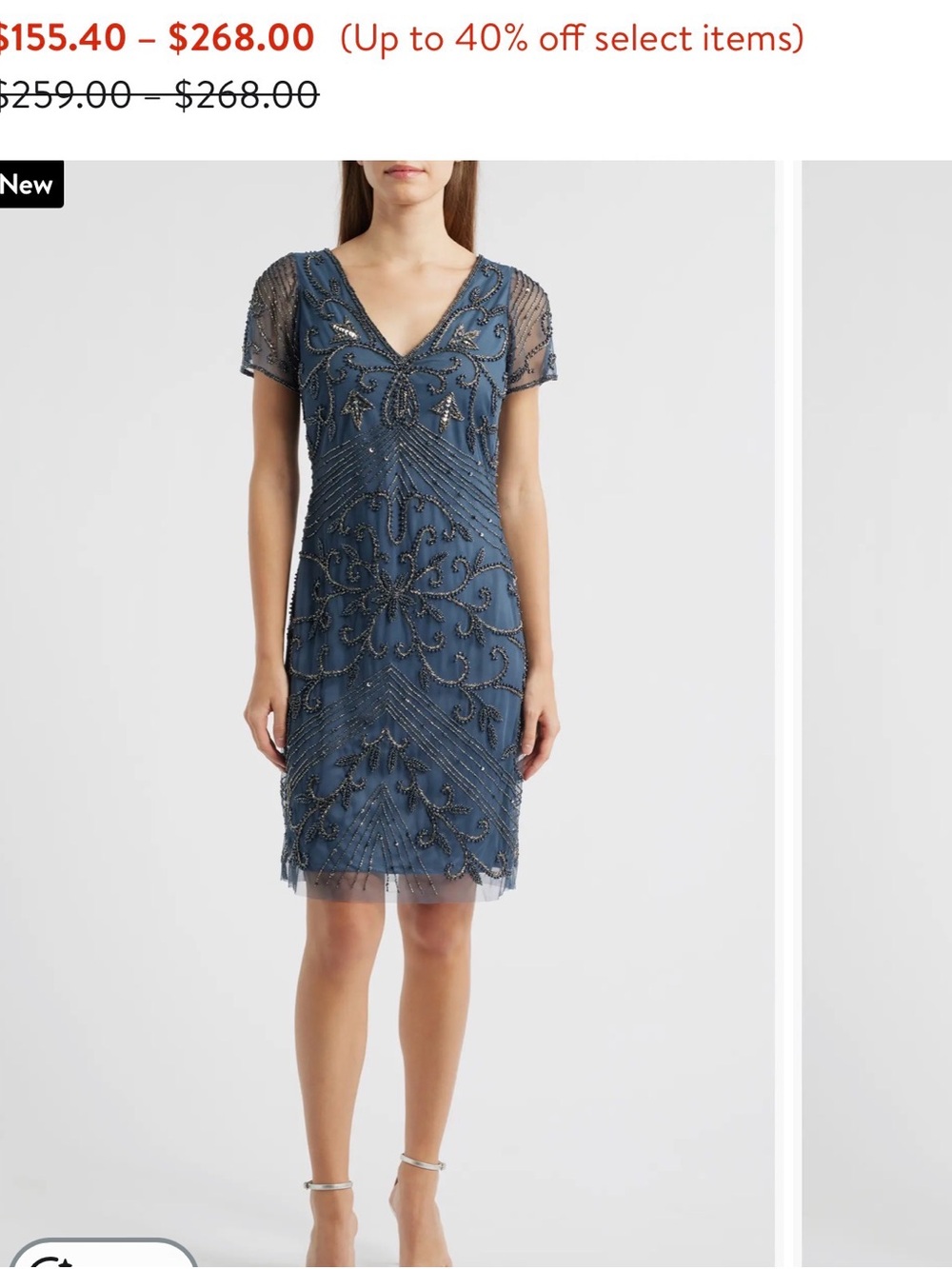 Pisarro Nights Beaded V-Neck Short Sleeve Dress in Steel Blue